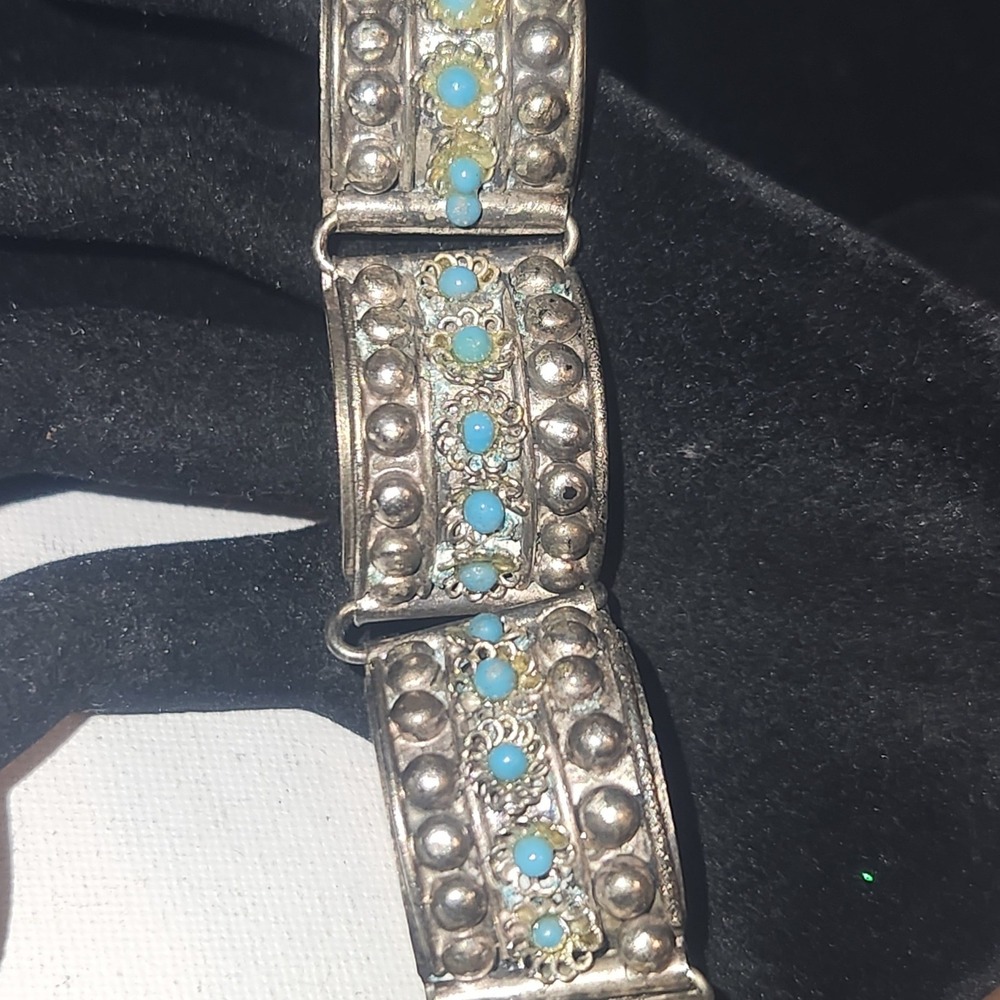 Vintage‎ Silver Tone Arched Link Bracelet Turquoise Bead Southwestern Boho Hook